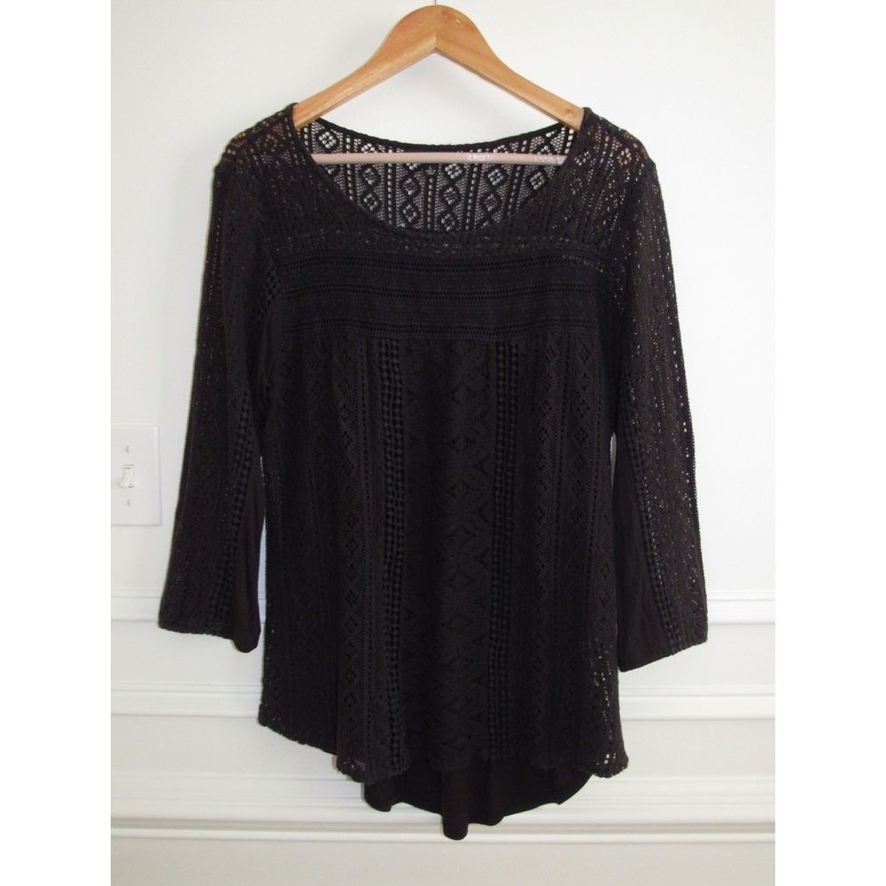 Lucky Brand Black Crochet Lace Knit Top 3/4 Sleeve Boho Peasant Large